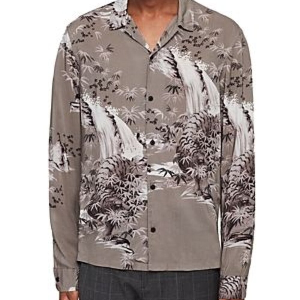 All Saints Mens Gray Java Tiger Button-Up Shirt. … - image 1